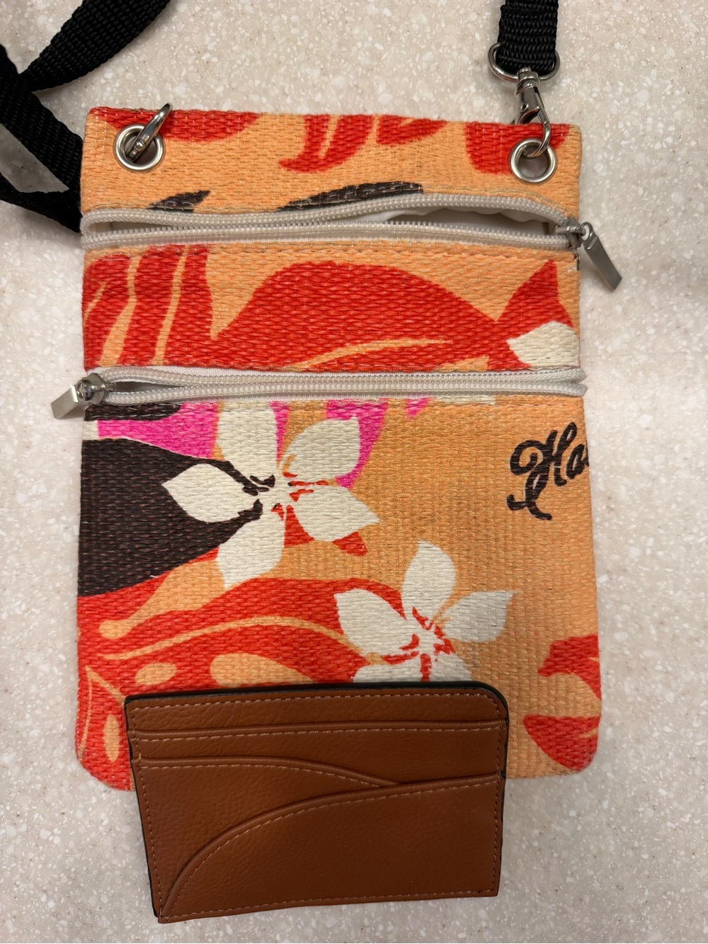 🩷 Authentic Hawaiian Orange Floral Crossbody Bag with Brown Card Holder
